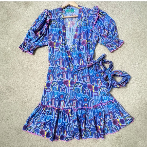 Feather And Find Genova Wrap Dress Spirit Of Dadirri Gathered Short Sleeves Sz L - Picture 2 of 12